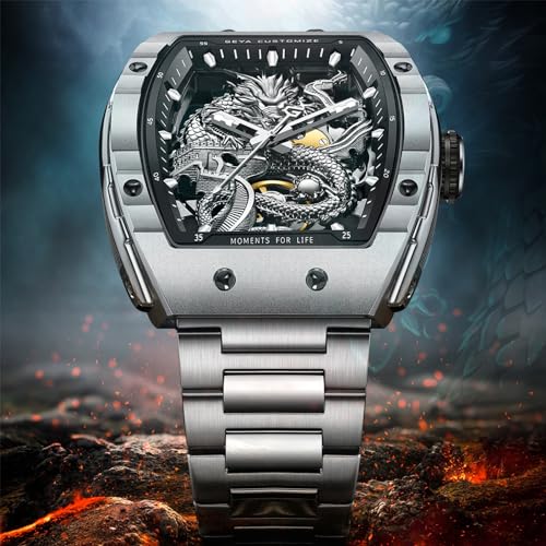 Redhai Fashion Automatic Dragon Mechanical Watches, 50M Water Resistant Skeleton Dial Silver Case Stainless Steel Watchband Synthetic Sapphire Crystal Glass Chinese Loong Watches for Men - Image 2