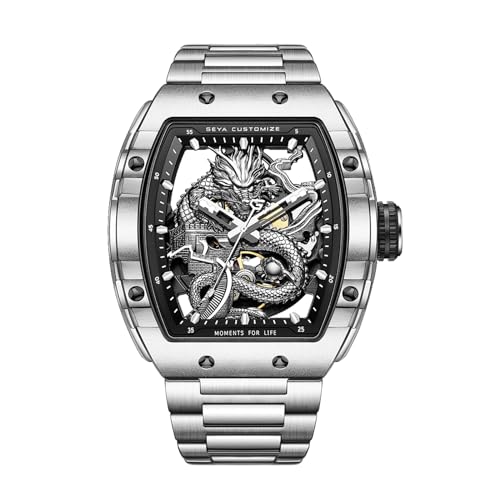 Redhai Fashion Automatic Dragon Mechanical Watches, 50M Water Resistant Skeleton Dial Silver Case Stainless Steel Watchband Synthetic Sapphire Crystal Glass Chinese Loong Watches for Men - Image 1