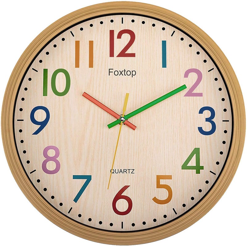 Foxtop Silent NonTicking Childrens Decorative Wall Clock Colourful Easy to Read for Classroom School Kitchen Living Room Bedroom Nursery Diameter 30 cm