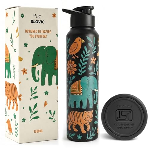 SLOVIC Steel Water Bottle 1 Ltr | Incredible India Design Fridge Water Bottle for School Kids | 100% BPA Free & leak-Proof | Sipper Water Bottles for Adults | Ideal for Gym, Office, Travel - Image 1