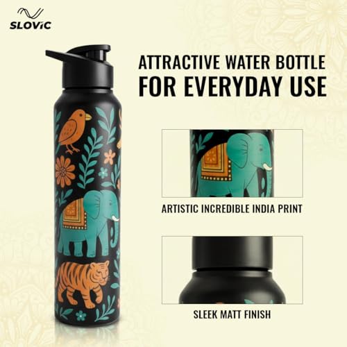 SLOVIC Steel Water Bottle 1 Ltr | Incredible India Design Fridge Water Bottle for School Kids | 100% BPA Free & leak-Proof | Sipper Water Bottles for Adults | Ideal for Gym, Office, Travel - Image 2