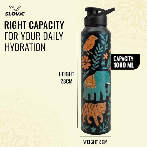 SLOVIC Steel Water Bottle 1 Ltr | Incredible India Design Fridge Water Bottle for School Kids | 100% BPA Free & leak-Proof | Sipper Water Bottles for Adults | Ideal for Gym, Office, Travel - Image 5