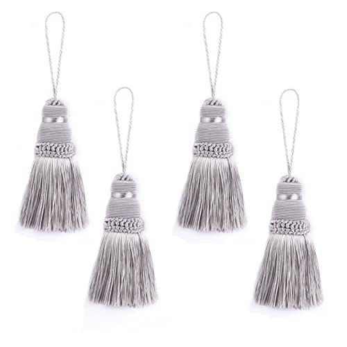 BEL AVENIR 4Pcs Tassels Key Tassel with Loops Handmade Craft Charms DIY Accessories Elegant Soft Making Curtain Home Decoration (Silver, 4 pcs) - Image 1