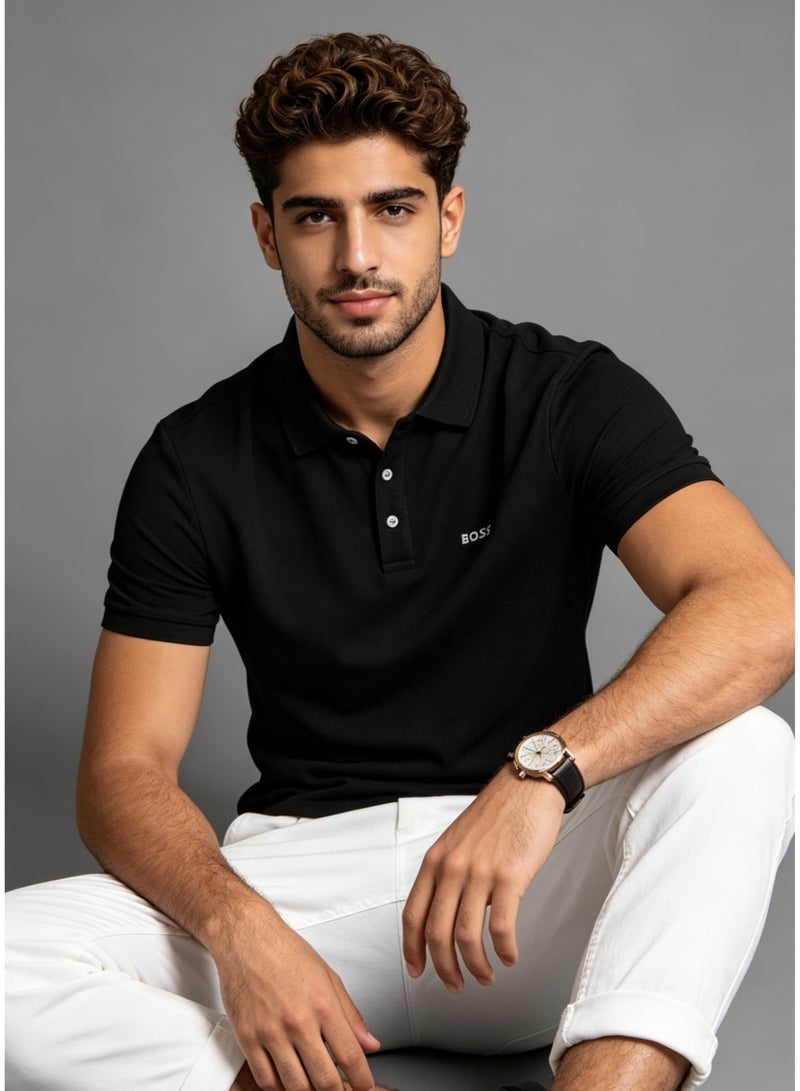 BOSS Men's Short Sleeve Polo Shirt Classic Collar Smart Casual Daily Wear Breathable Summer Top Black - Image 1
