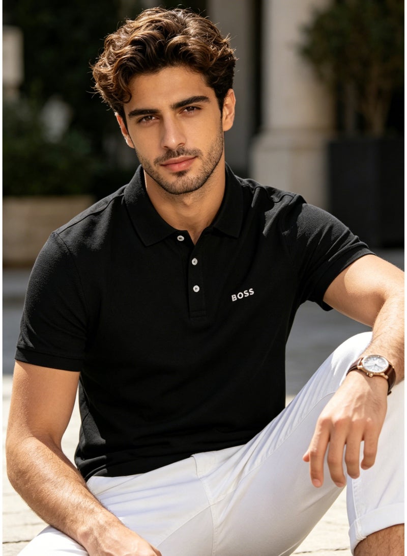 BOSS Men's Short Sleeve Polo Shirt Classic Collar Smart Casual Daily Wear Breathable Summer Top Black - Image 4