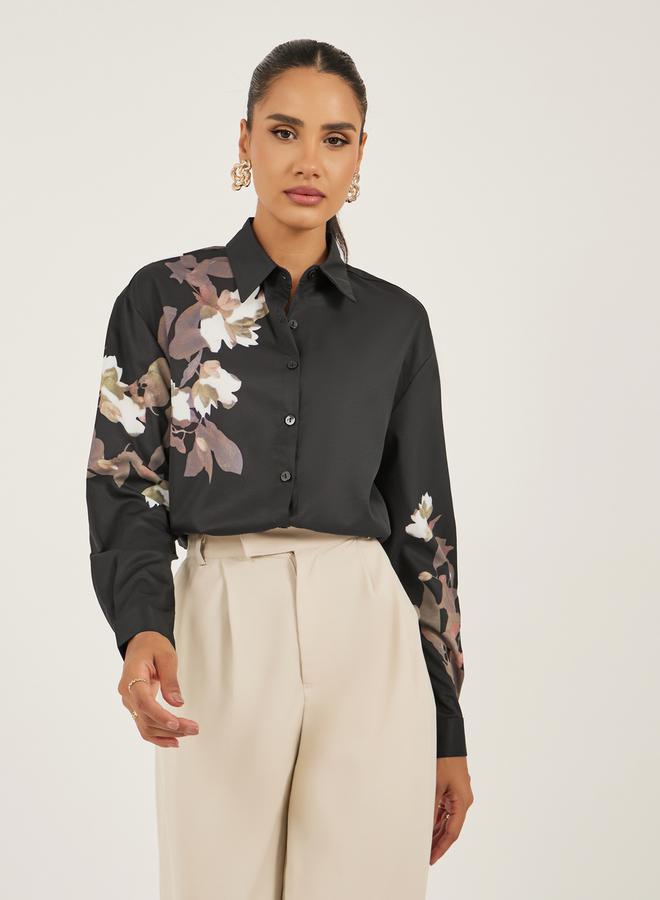 ستايلي قميص بأكمام طويلة وطبعة زهور بقصة عادية - Image 1
