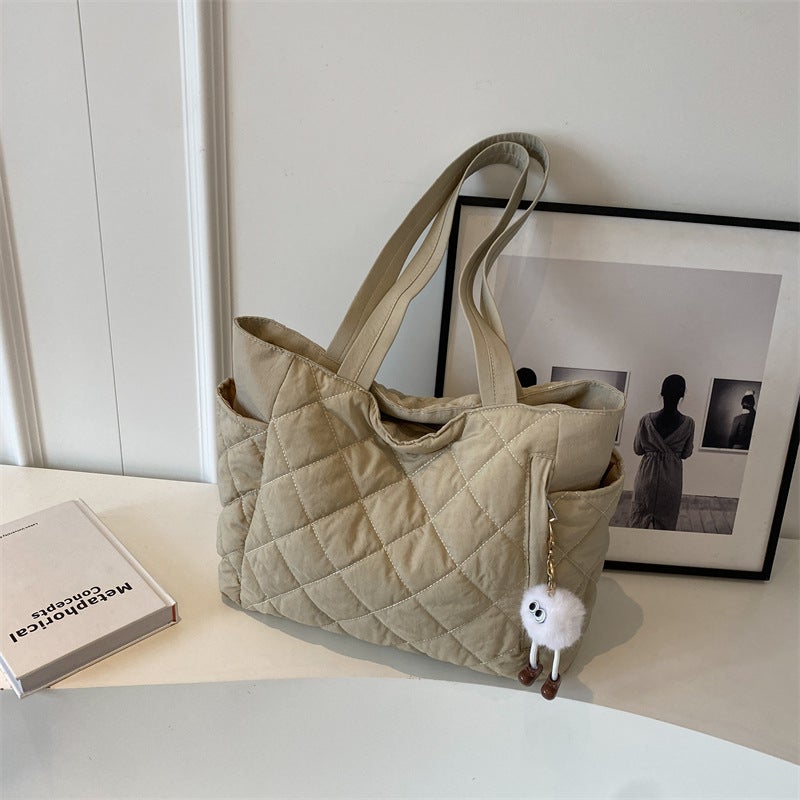 Korean Style Large Capacity Bag For Women 2023 Fashion Single Shoulder Bucket Bag Textured Plaid Commuter Tote Bag - Image 1