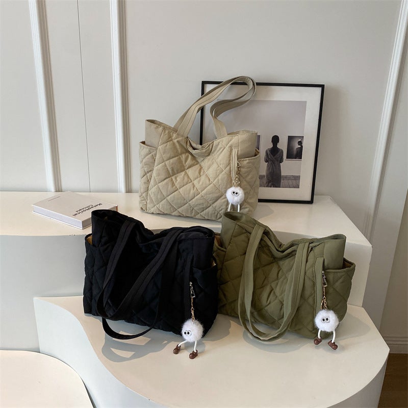 Korean Style Large Capacity Bag For Women 2023 Fashion Single Shoulder Bucket Bag Textured Plaid Commuter Tote Bag - Image 5
