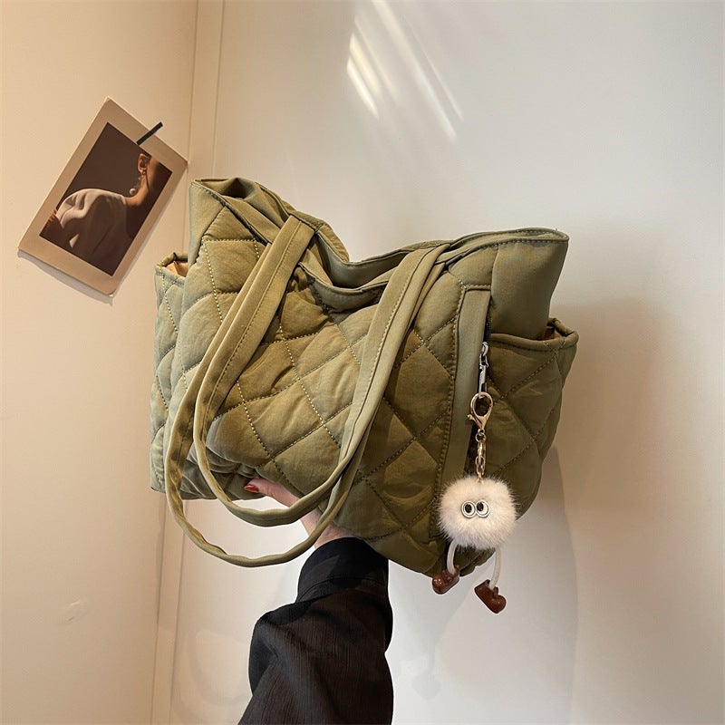 Korean Style Large Capacity Bag For Women 2023 Fashion Single Shoulder Bucket Bag Textured Plaid Commuter Tote Bag - Image 2