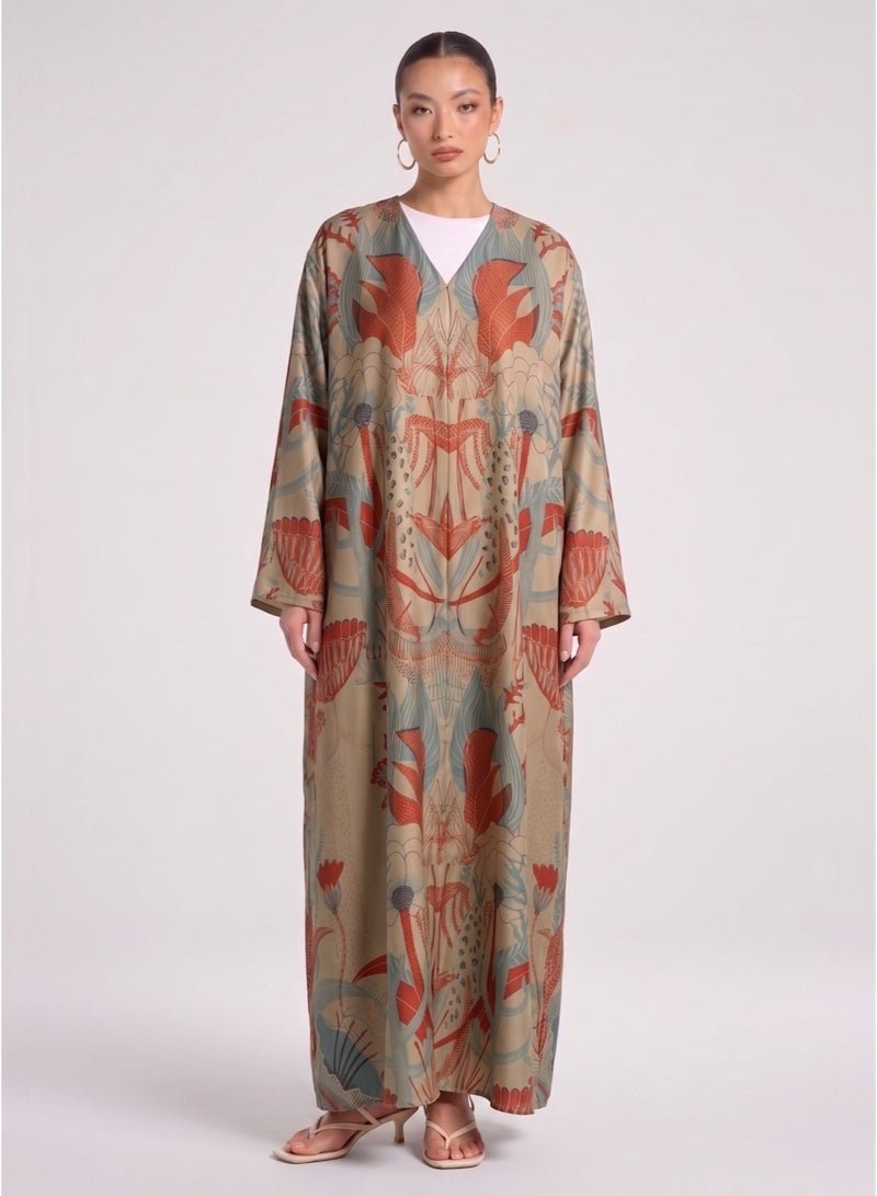 Next Abaya Luxury Symmetrical Botanical Print Silk Closed Abaya Beige and Coral Maxi Dress - Image 1