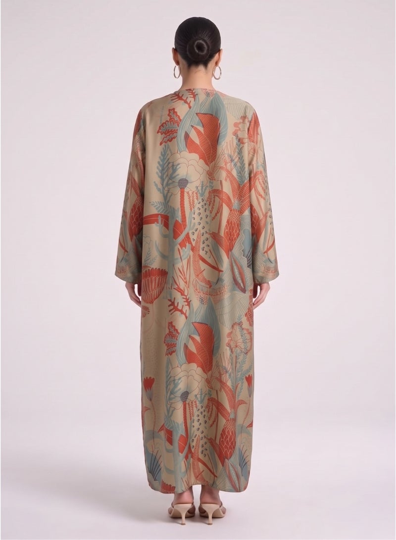 Next Abaya Luxury Symmetrical Botanical Print Silk Closed Abaya Beige and Coral Maxi Dress - Image 2