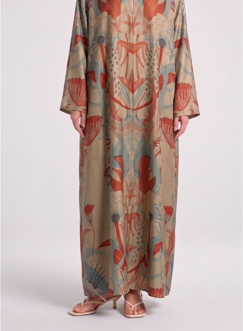 Next Abaya Luxury Symmetrical Botanical Print Silk Closed Abaya Beige and Coral Maxi Dress - Image 3