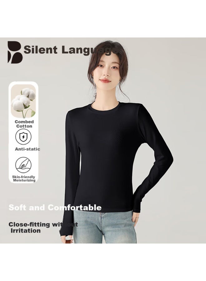 Don't speak Bieyu Women's Base Layer Top, Spring And Autumn Thin Cotton Long-sleeve Undershirt, Regular Shoulder Slim-fit Versatile Solid Color Top, Black, XL - Image 1