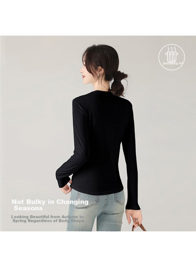 Don't speak Bieyu Women's Base Layer Top, Spring And Autumn Thin Cotton Long-sleeve Undershirt, Regular Shoulder Slim-fit Versatile Solid Color Top, Black, XL - Image 5