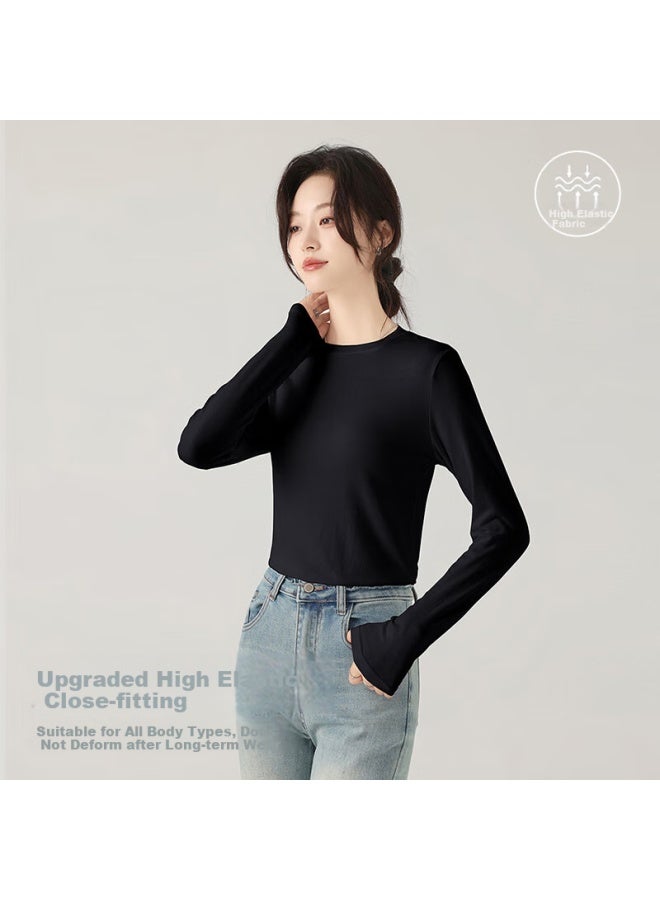 Don't speak Bieyu Women's Base Layer Top, Spring And Autumn Thin Cotton Long-sleeve Undershirt, Regular Shoulder Slim-fit Versatile Solid Color Top, Black, XL - Image 3
