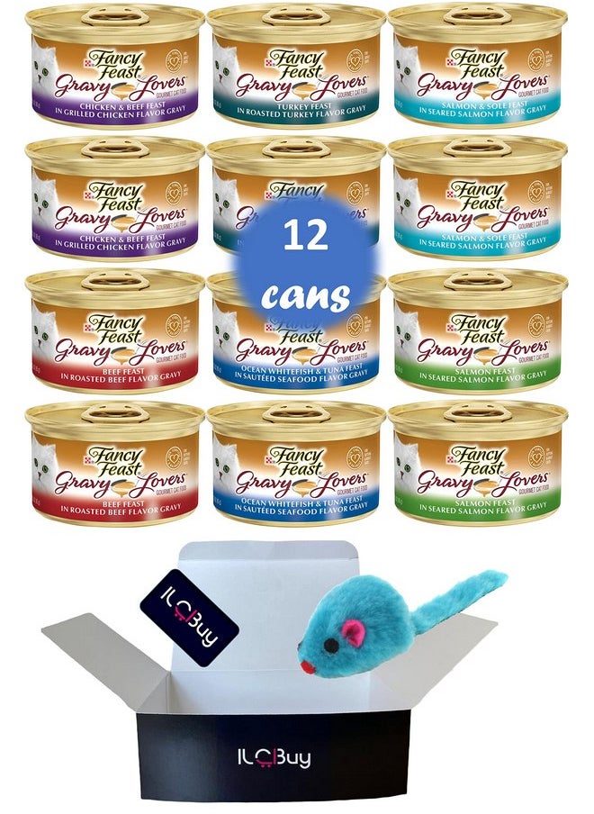 Fancy Feast - Fancy Feast Gravy Lovers Bundle, 2 Turkey, 2 Ocean Whitefish, 2 Salmon & Sole, 2 Beef, 2 Salmon Feast , & 2 Chicken & Beef. Each can is Total of 12 cans and Mouse Toy., 3 Ounce (Pack of 12) - Image 1