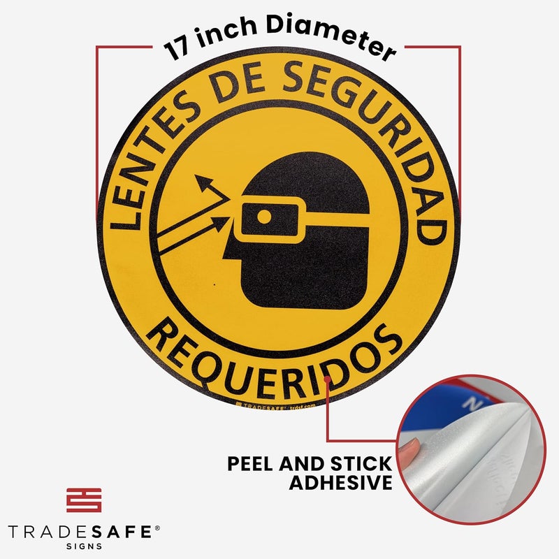 TRADESAFE Spanish Safety Glasses Required Anti-Slip Floor Sticker - Lentes de Seguridad Requeridos Caution Sign, Peel and Stick Adhesive Vinyl Sign, ANSI-Compliant, 17” Diameter Round Sticker - Image 3