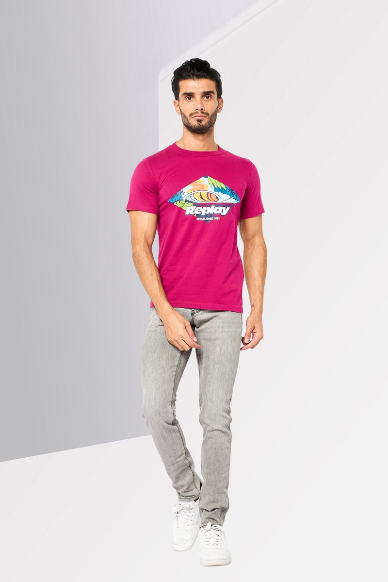 Replay Men Crew Neck Short Sleeve Graphic Print T-Shirt, Dark Pink - Image 2