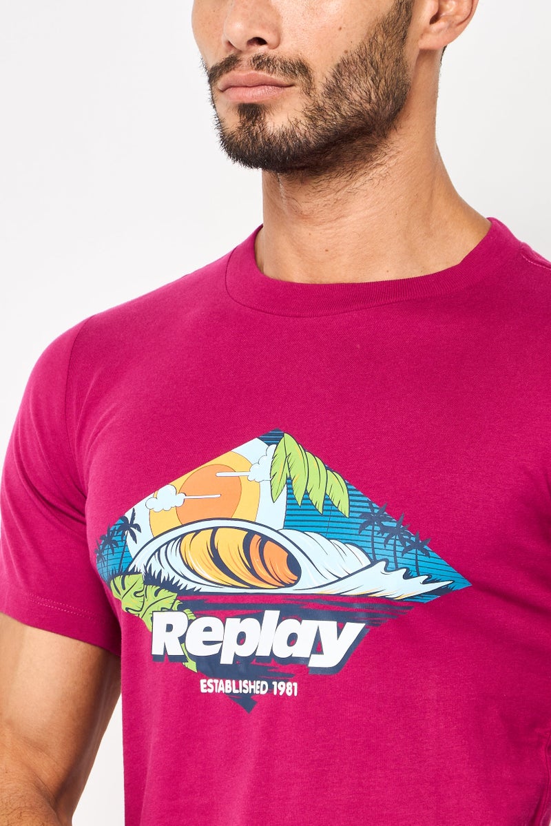 Replay Men Crew Neck Short Sleeve Graphic Print T-Shirt, Dark Pink - Image 3