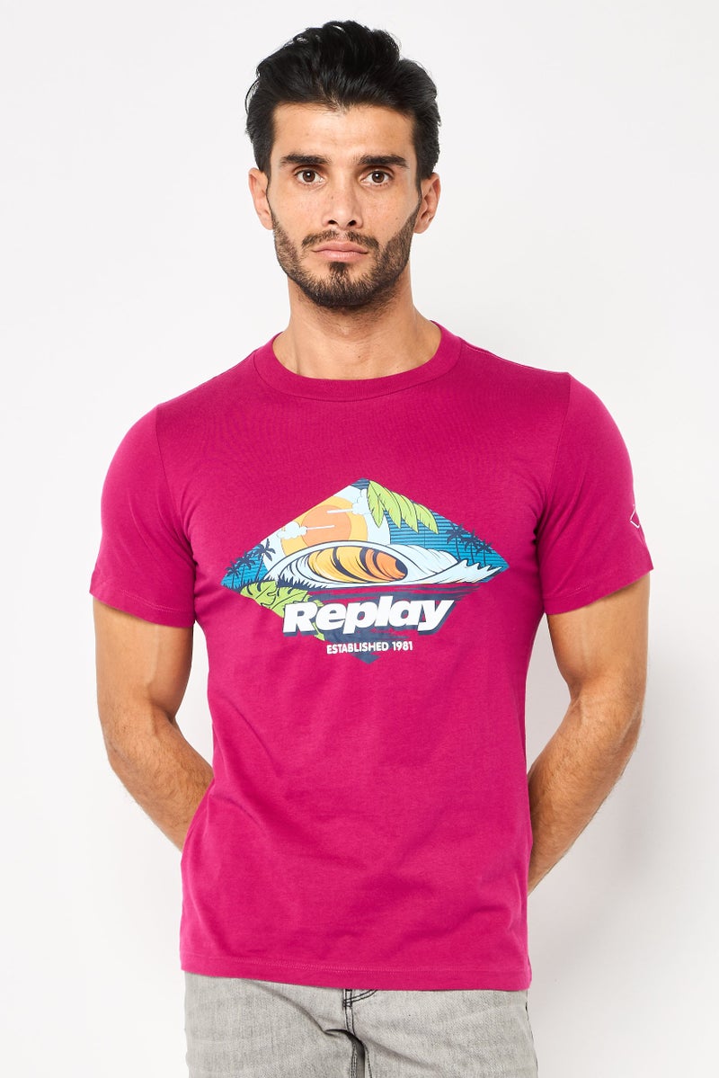Replay Men Crew Neck Short Sleeve Graphic Print T-Shirt, Dark Pink - Image 1