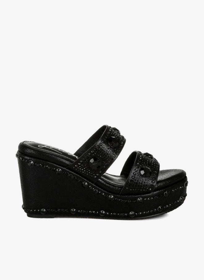London Rag Rhinestone & Diamante Wedge Sandals in Black - Image 1