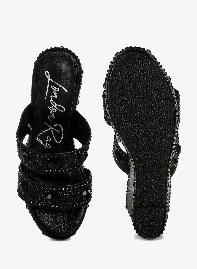 London Rag Black Rhinestone & Diamante Wedge Sandals in Black for Women | Best Price UAE