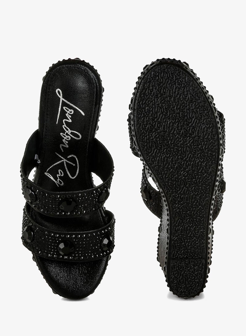 London Rag Rhinestone & Diamante Wedge Sandals in Black - Image 4