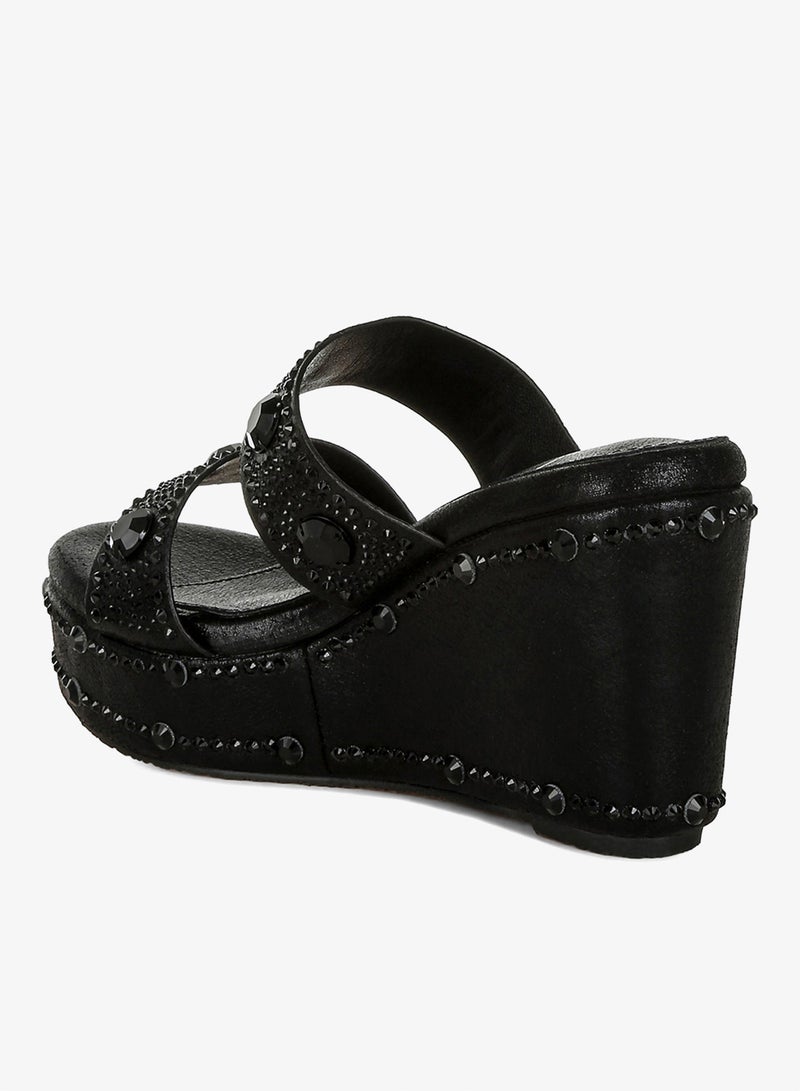 London Rag Rhinestone & Diamante Wedge Sandals in Black - Image 3
