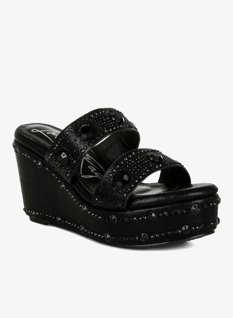 London Rag Rhinestone & Diamante Wedge Sandals in Black - Image 2
