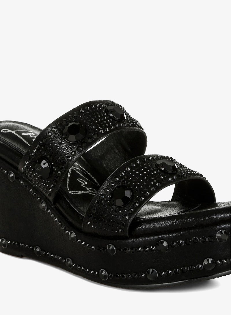 London Rag Rhinestone & Diamante Wedge Sandals in Black - Image 5