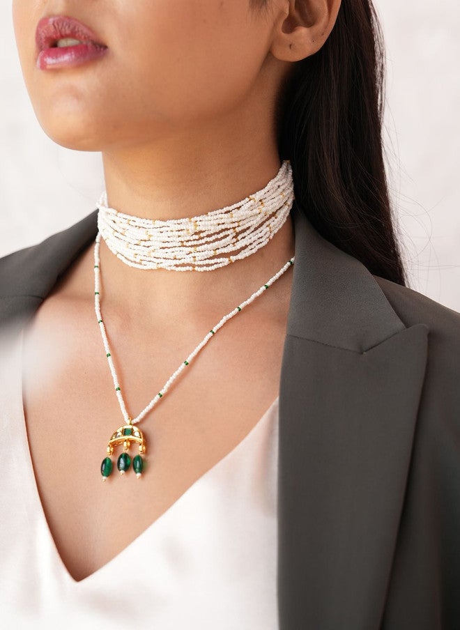 Binnis Wardrobe Stone Studded & Beaded Choker and Crescent Pendant Necklace - Image 1