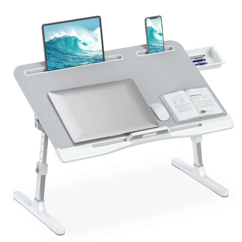 HETTHI Laptop Desk for Bed Adjustable Bed Table with Leather Desktop Foldable XLarge Laptop Bed Trays with Drawer for Bed Couch Floor Writing Working Reading Eating Painting Gray 236157
