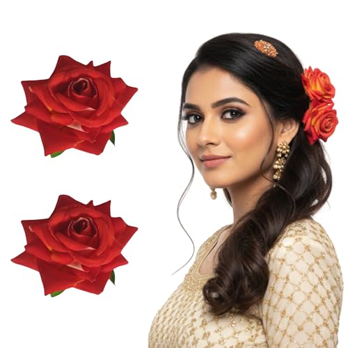 LYF5STAR Handmade Bride Orange Rose Floral Juda Pin For Women| Elegant Rose Wedding Hair Accessories | Traditional Indian Hair Accessories for Women & Girls|Pack Of 2 - Image 1