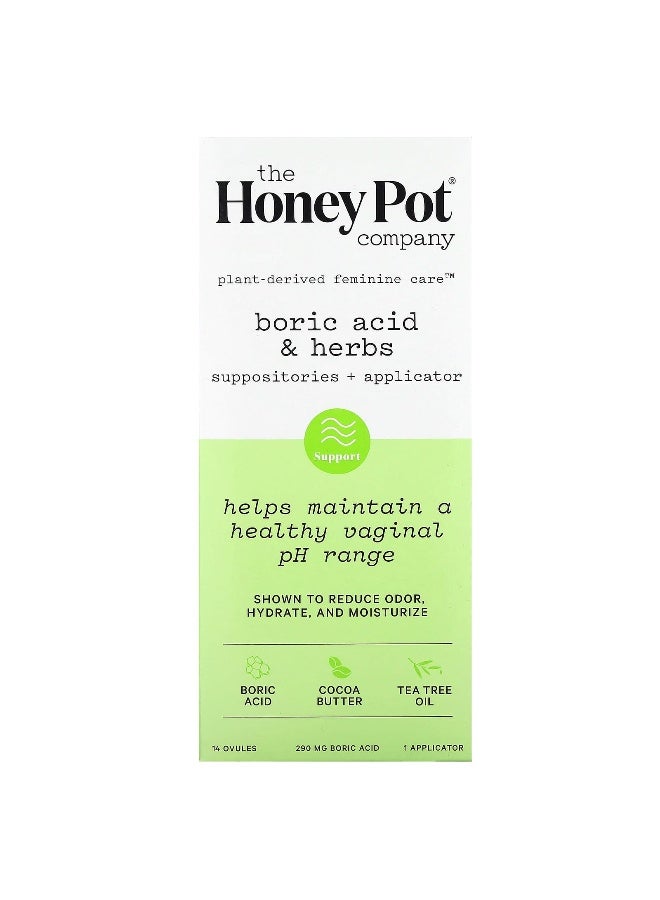 The Honey Pot Company, Boric Acid & Herbs, Suppositories + Applicator, 290 mg , 14 Ovules, 1 Applicator - Image 1
