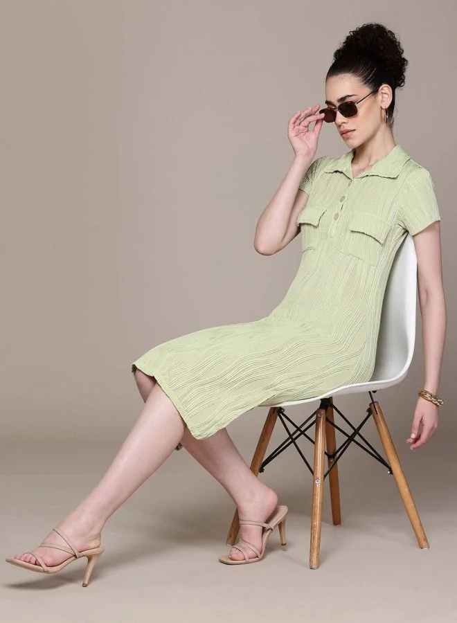 Women Regular Fit Textured Polo Neck Short Sleeve Midi Dress