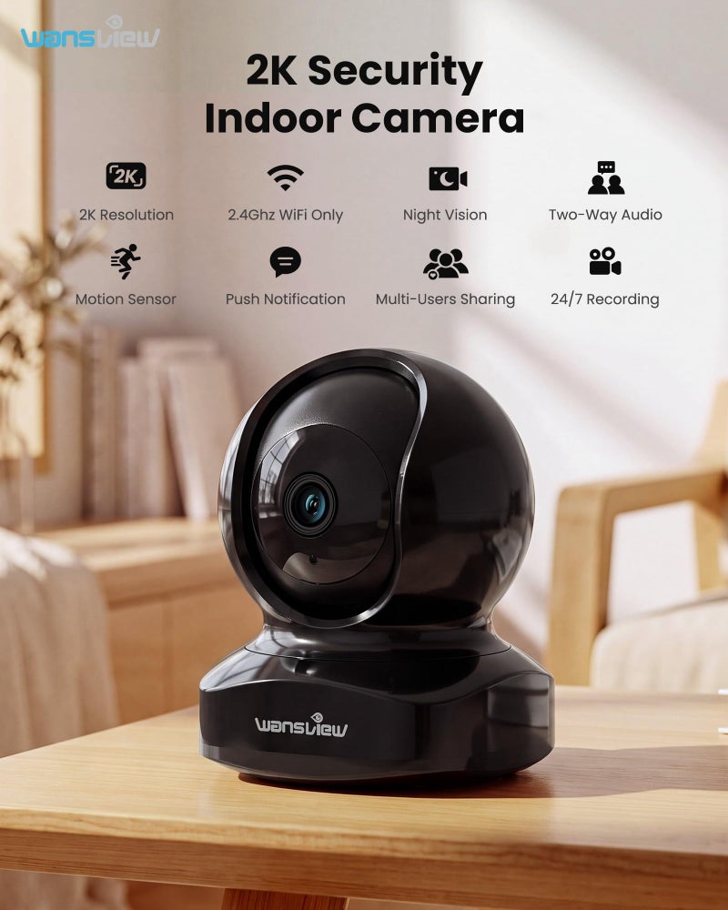 وانس فيو كاميرا داخلية wansview CCTV، كاميرا مراقبة الطفل واي فاي 2K مع التطبيق، Q5 أسود - Image 2