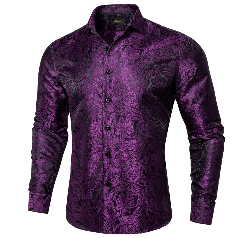 DiBanGu Mens Silk Paisley Dress Shirts,Long Sleeve Button Down Shirt Casual Regular Fit Shirt for Men Wedding Party, Purple and Black, X-Large - Image 1