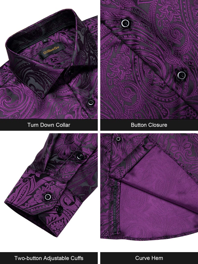 DiBanGu Mens Silk Paisley Dress Shirts,Long Sleeve Button Down Shirt Casual Regular Fit Shirt for Men Wedding Party, Purple and Black, X-Large - Image 3