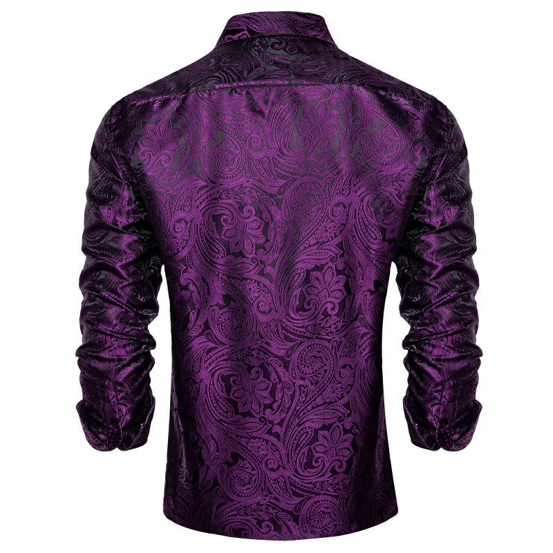 DiBanGu Mens Silk Paisley Dress Shirts,Long Sleeve Button Down Shirt Casual Regular Fit Shirt for Men Wedding Party, Purple and Black, X-Large - Image 2