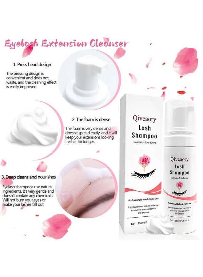 Qiveaory 150ml/5.07fl.oz Eyelash Extension Cleanser, Lash Shampoo for Eyelash Extension Eyelash Brush with Cap USB Lash Fan Mascara Brush Wash Bottle Reusable Makeup Remover Pad, Paraben & Sulfate Free - Image 2
