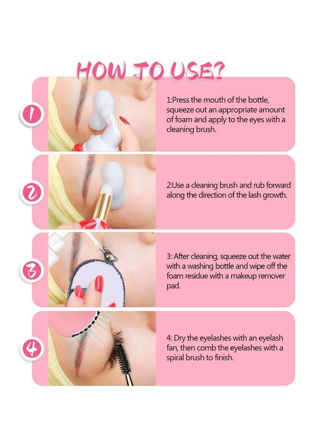 Qiveaory 150ml/5.07fl.oz Eyelash Extension Cleanser, Lash Shampoo for Eyelash Extension Eyelash Brush with Cap USB Lash Fan Mascara Brush Wash Bottle Reusable Makeup Remover Pad, Paraben & Sulfate Free - Image 3