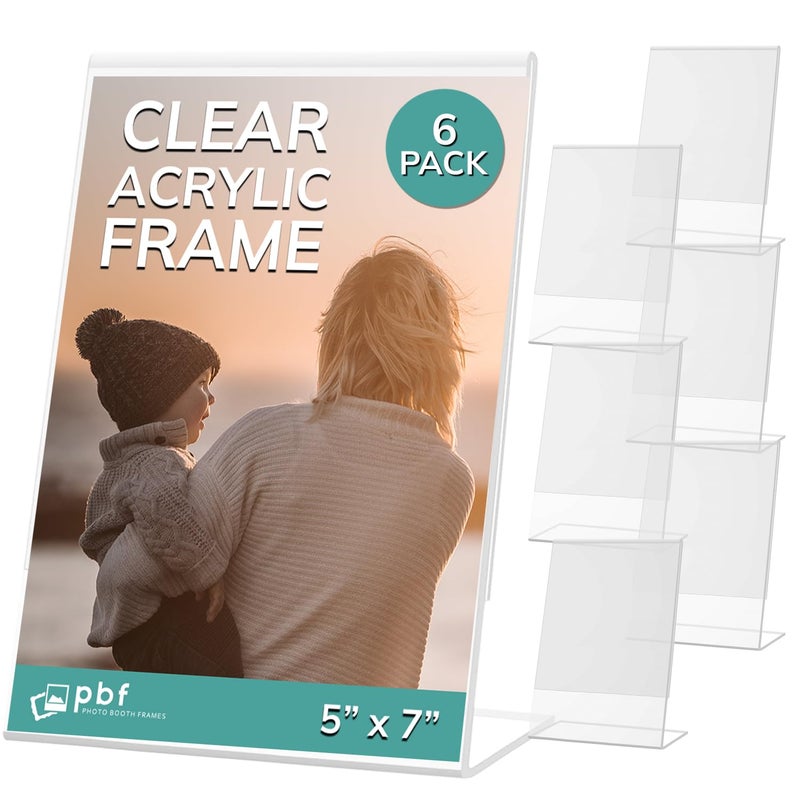 pbf 5x7 Acrylic Sign Holder  Vertical Slanted Sign Stand  Clear Picture Frame Menu Table Top Display Plastic Flyer Holder 6Pack