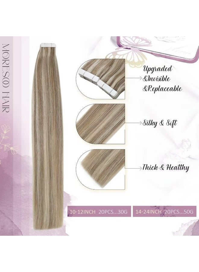 Moresoo Highlight Tape In Hair Extensions Blonde Tape In Extensions Human Hair For Short Hair Light Brown Highlighted With Blonde Hair Extensions Tape In Real Human Hair 12 Inch P9A60 20Pcs 30G - Image 2
