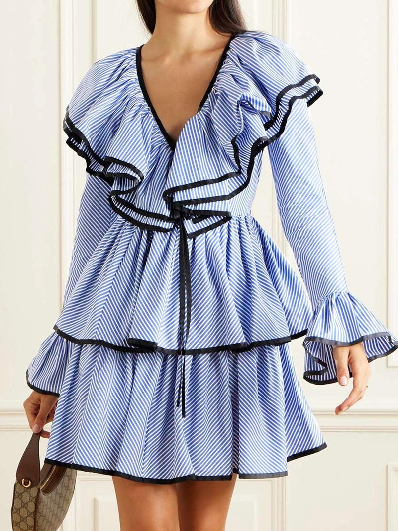 HOULENGS Women's Casual Striped Long Sleeve Ruffle Layer Babydoll Mini Dress Fall V Neck Tie Front Tiered A-line Short Dress Navy Small - Image 3