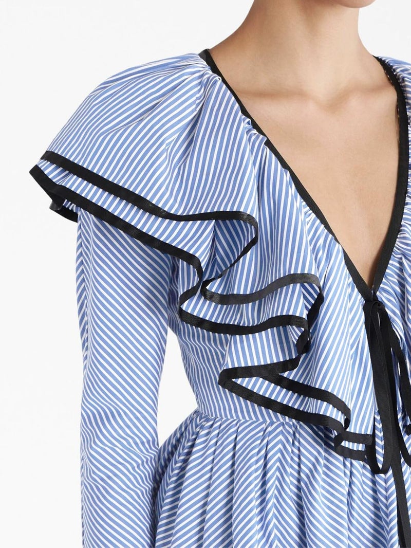 HOULENGS Women's Casual Striped Long Sleeve Ruffle Layer Babydoll Mini Dress Fall V Neck Tie Front Tiered A-line Short Dress Navy Small - Image 4