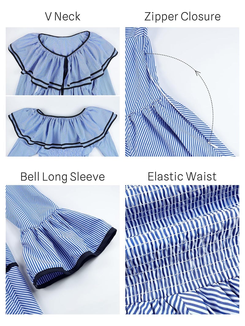 HOULENGS Women's Casual Striped Long Sleeve Ruffle Layer Babydoll Mini Dress Fall V Neck Tie Front Tiered A-line Short Dress Navy Small - Image 5