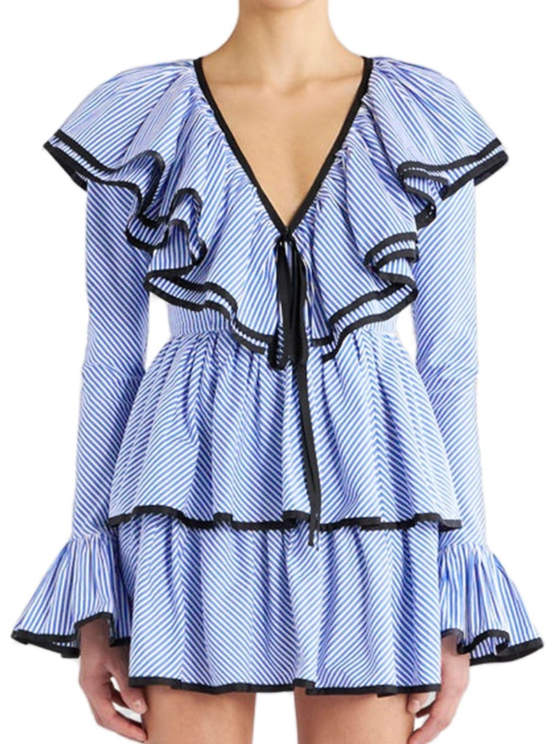 HOULENGS Women's Casual Striped Long Sleeve Ruffle Layer Babydoll Mini Dress Fall V Neck Tie Front Tiered A-line Short Dress Navy Small - Image 1