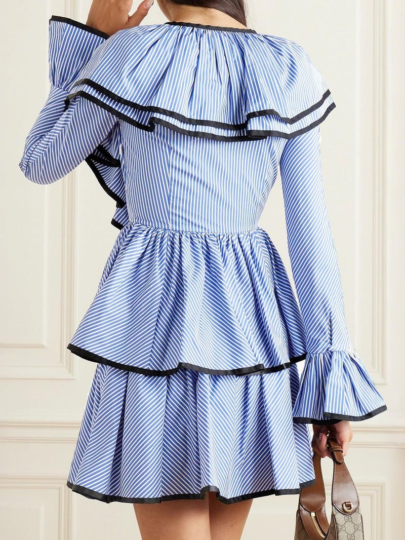 HOULENGS Women's Casual Striped Long Sleeve Ruffle Layer Babydoll Mini Dress Fall V Neck Tie Front Tiered A-line Short Dress Navy Small - Image 2