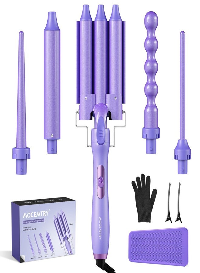 MOCEMTRY 5 in 1 Curling Wand Set (0.35"-1.25") with 3 Barrel Hair Crimper, Bubble Curling Wand and 3 Ceramic Barrels, Curling Iron 1 inch Crimper Hair Tool Waver with Two Temp Control, Gifts for Women, Purple - Image 1