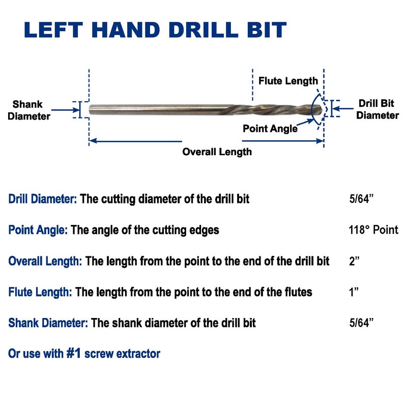 Drill Hulk 7-Piece M35 Cobalt Left Hand Drill Bit Set for Removing Damaged Bolts and Screws, 5/64-Inch, 7/64-Inch, 5/32-Inch, 1/4-Inch, 19/64-Inch - Image 2